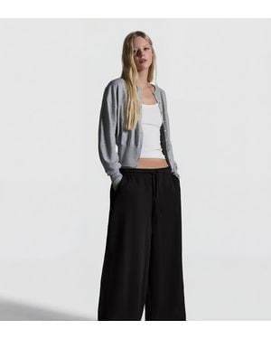 Bershka Petite Barrel Plush Trousers With Stoppers - Black