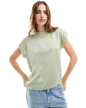 Vila Satin Front T-shirt With Turn Up Sleeve - Green