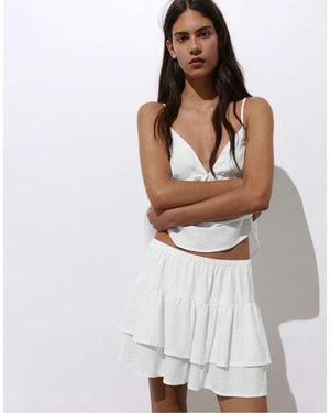 Pull&Bear Ruffled Mini Skirt With Linen - White
