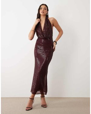 Bardot Vestido Midi Nola De Lentejuelas, Escote Pronunciado, Cuello Desbocado Y Espalda Abierta En Ciruela Oscura-Rojo