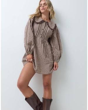 Miss Selfridge Long Sleeve Collared Tea Dress - Brown