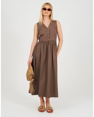 Brave Soul Sleeveless V-Neck Button Down Midi Dress - Brown