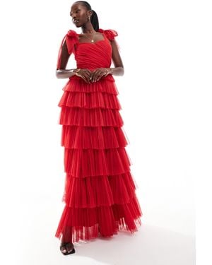 LACE & BEADS – gestuftes maxikleid aus tüll - Rot