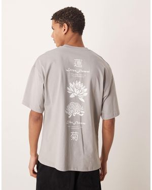 SELECTED Oversized T-shirt With Asian Flower Print - Gray