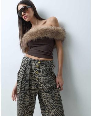 I.AM.GIA Lora Bardot Faux Fur Trim Asymmetric Knitted Top - Brown