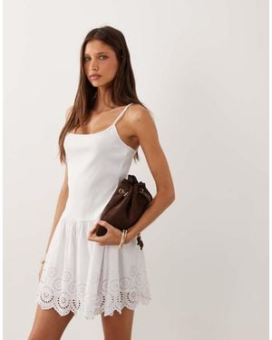 Mango 100% Cotton Strappy Mini Dress With Embroidered Skirt - White