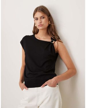 Mango Asymmetric Knitted Sleeveless Top With Hardware Detail - Black