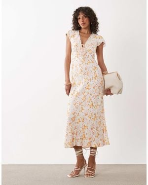 Nobody's Child Alda V-neck Short Sleeve Lace Trim Midi Dress - Natural