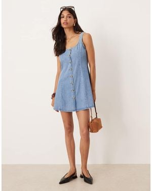 ASOS Denim Button Through Flippy Mini Dress - Blue