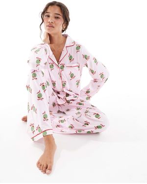 Loungeable Super Soft 'olive You' Jersey Revere Top And Wide Leg Pajama Set - Pink