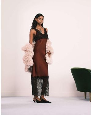 4th & Reckless Lace Satin Trim & Hem V Neck Maxi Dress - Red