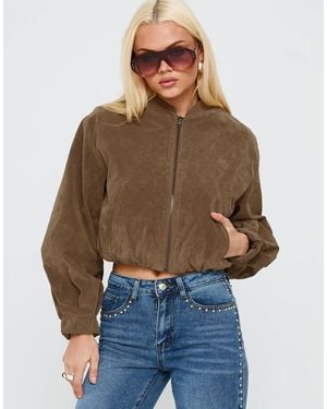 Princess Polly Mastery Faux Suede Balloon Sleeve Cropped Bomber Jacket - Brown