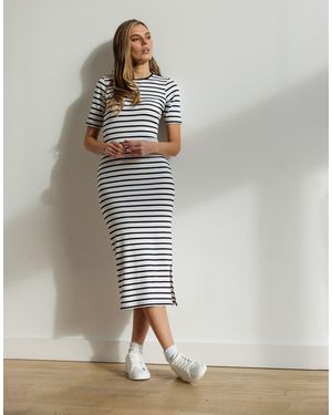 French Connection Cotton Ribbed Striped Short Sleeve Bodycon Midi Dress - Grey