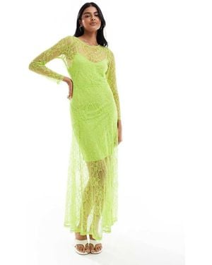 Object Vestido Largo Verde Lima Traslúcido De Manga Larga De Encaje De