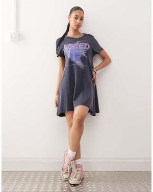 Monki Short Sleeve Mini T-shirt Dress With Dropped Waist Detail And 'speed' Print - Blue