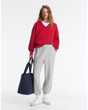 Oysho 100% Cotton Cable Knit V-Neck Jumper - Red