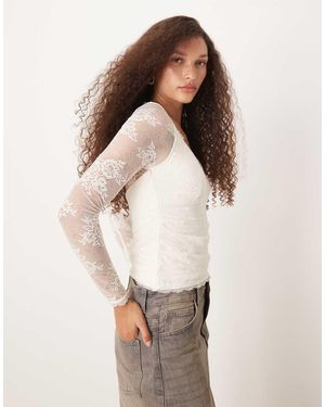 Abercrombie & Fitch Sweetheart Neckline Lace Long Sleeve Top - White