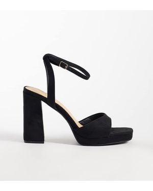 SEQWL Wide Fit Faux Suede Platform Block Heeled Sandal - Black
