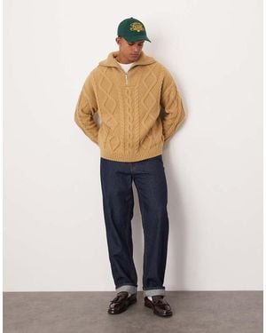 ASOS Oversized Heavyweight Knitted Wool Mix Cable Quarter Zip Jumper - Natural