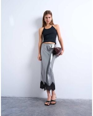 TOPSHOP Metallic Lace Hem Midi Skirt - White