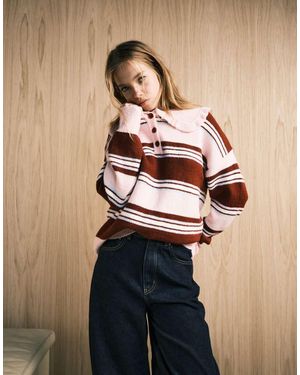 Neon Rose Oversized Collared Striped Polo - Blue