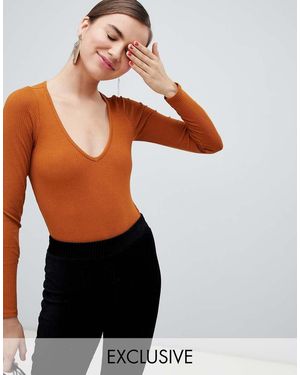 Monki Body De Manga Larga Con Cuello De Pico En Tejido De Canalé Marrón De -Verde - Naranja