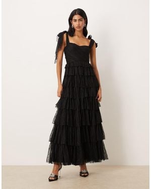 LACE & BEADS Lace Bow Shoulder Tiered Maxi Dress - Brown