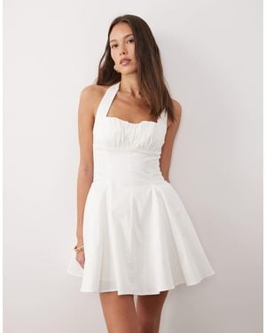 Wanderdoll Marilyn Cotton Rich Structured Halterneck Shirred Bust Corset Detail Mini Dress - White