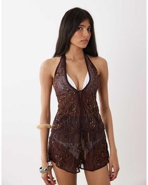 Miss Selfridge Beach Premium Embellished Halterneck Top Co-ord - Purple