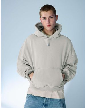 Bershka Boxy Washed Hood Sweatshirt - Grey