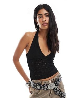 Miss Selfridge Crochet Jersey V Neck Halter Top - Black