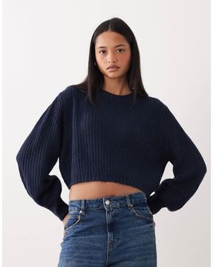 Threadbare Cropped Knitted Rib Crew Neck Sweater - Blue