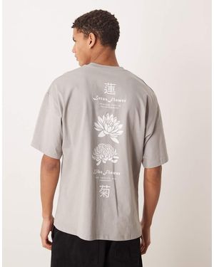 SELECTED Oversized T-shirt With Asian Flower Print - Grey
