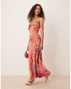 ASOS Vestido Lencero Largo Rosa De Tirantes Con Diseño Estampado Y Detalle Anudado De Chifón De