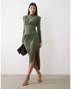 ASOS Shoulder Pad High Neck Draped Midaxi Dress - Green
