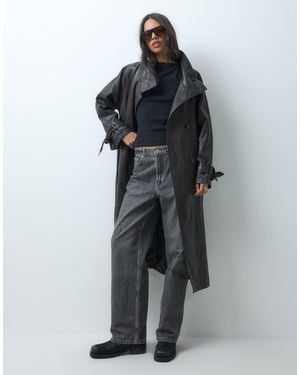ASOS Funnel Leather Look Longline Trench Coat - Black