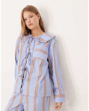 ASOS Bow Tie Up Shirt & Wide Leg Trousers Pyjama Set - Blue