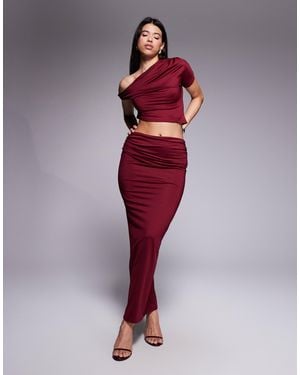 The Frolic Exclusive Double Sculpted Slinky Drape Ruched Front Detail Maxi Skirt - Red