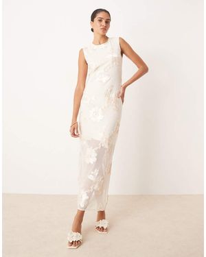 Y.A.S Floral Applique Sheer Hem Midi Dress - Natural