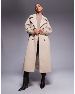 Aria Cove Wool Look Heavyweight Collared Trench Style Maxi Coat - Natural