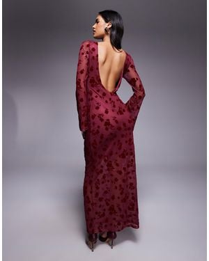ASOS Floral Flock Maxi Dress With Flute Sleeve Detail - Red