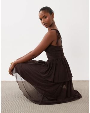 ASOS Tiered Mesh Midaxi Dress - Brown
