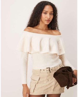 Glamorous Off The Shoulder Ruffle Knit Top - Natural
