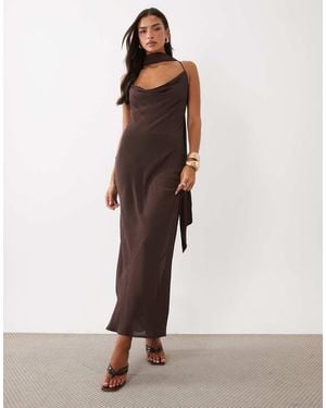AFRM Vestido Maxi De Crepé Con Cuello Desbocado, Detalle De Bufanda Y Espalda Cruzada En Chocolate-Marrón
