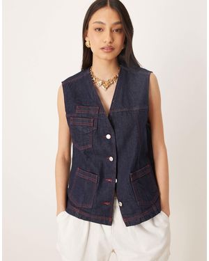 ASOS Denim Gilet With Red Contrast Stitching - Blue
