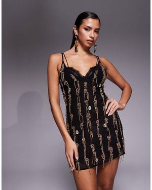 ASOS Brooch Embellished Mini Dress With Sheer Lace Lining - Grey