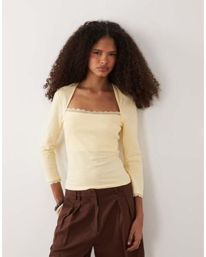 ASOS 3/4 Sleeve Square Neck Top With Lace Hem - Brown