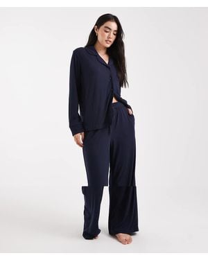 Brave Soul Super Soft Button Down Shirt And Trousers Pyjamas - Blue