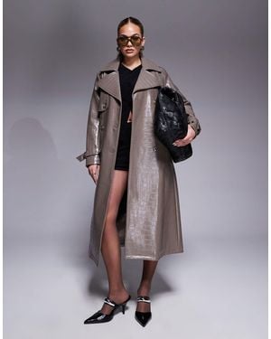 River Island Faux Leather Croc Trench Coat - Grey