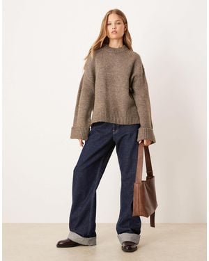 Gina Tricot Relaxed Crew Neck Folded Sleeve Knit Jumper - Natural